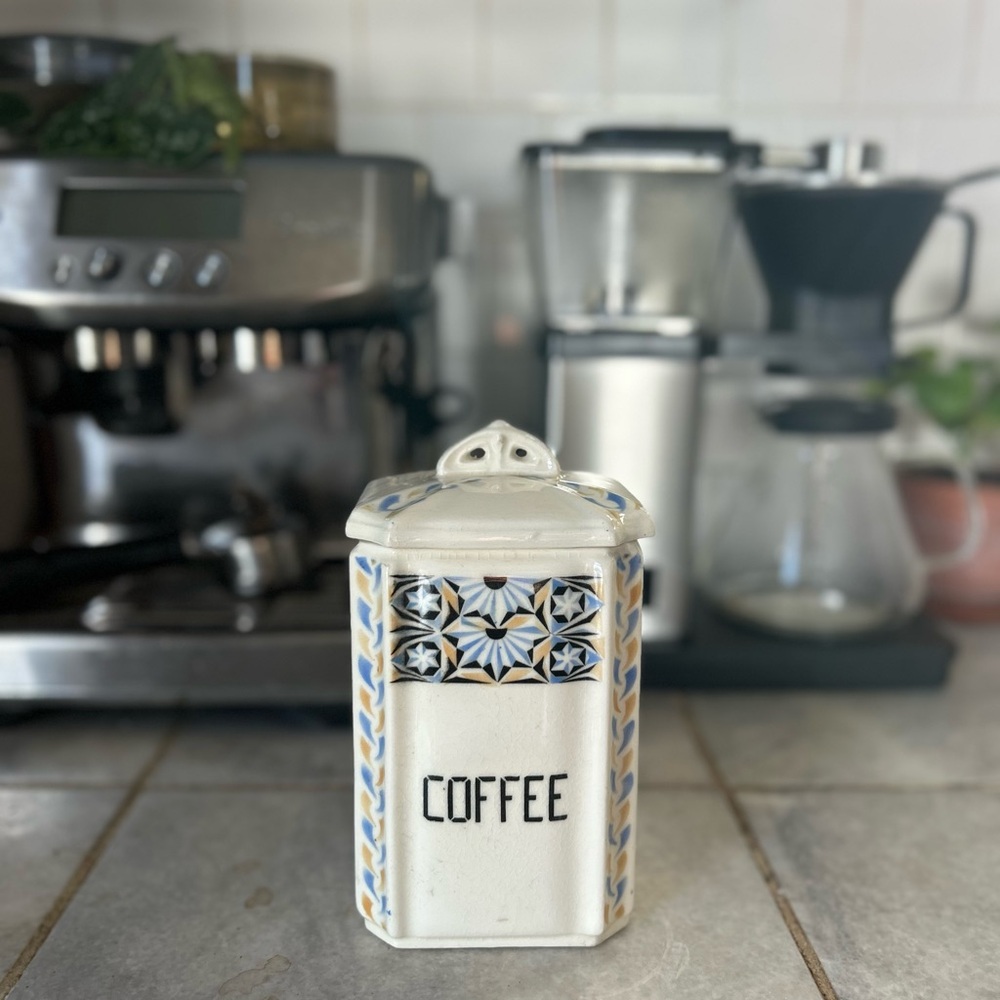 Vintage Ceramic Coffee Canister with Blue and Black Pattern